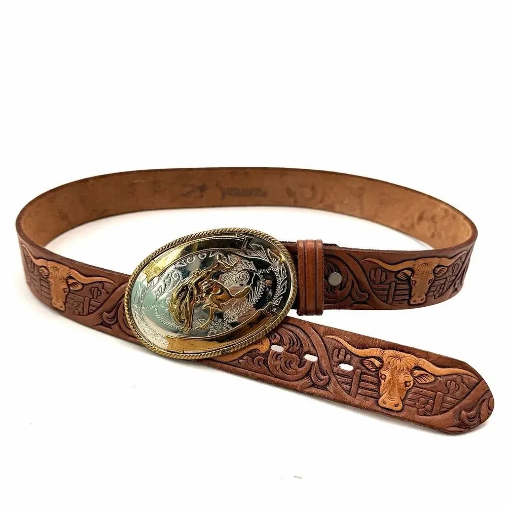 Vintage Chambers Tooled Leather Western Belt German Silver Buckle Unisex 34